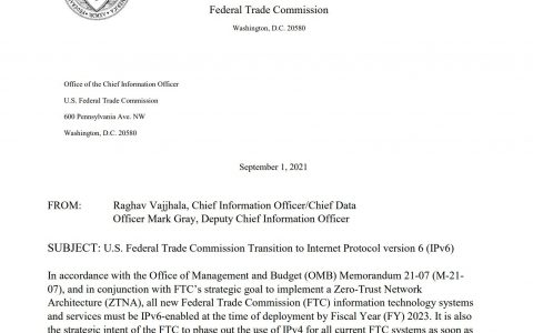 美国联邦贸易委员会向互联网协议版本6（IPv6）过渡